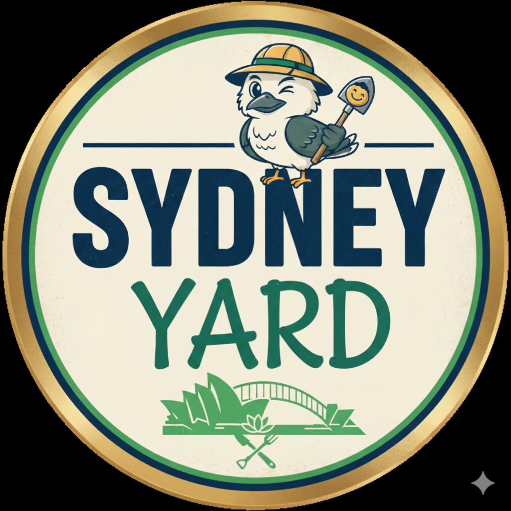 The Sydney Yard logo with a gold round border and Kookaburra dressed like a landscaper with bucket hat and shovel