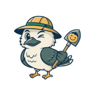 The Sydney Yard Kookaburra winking while being dressed like a landscaper with a bucket had and shovel