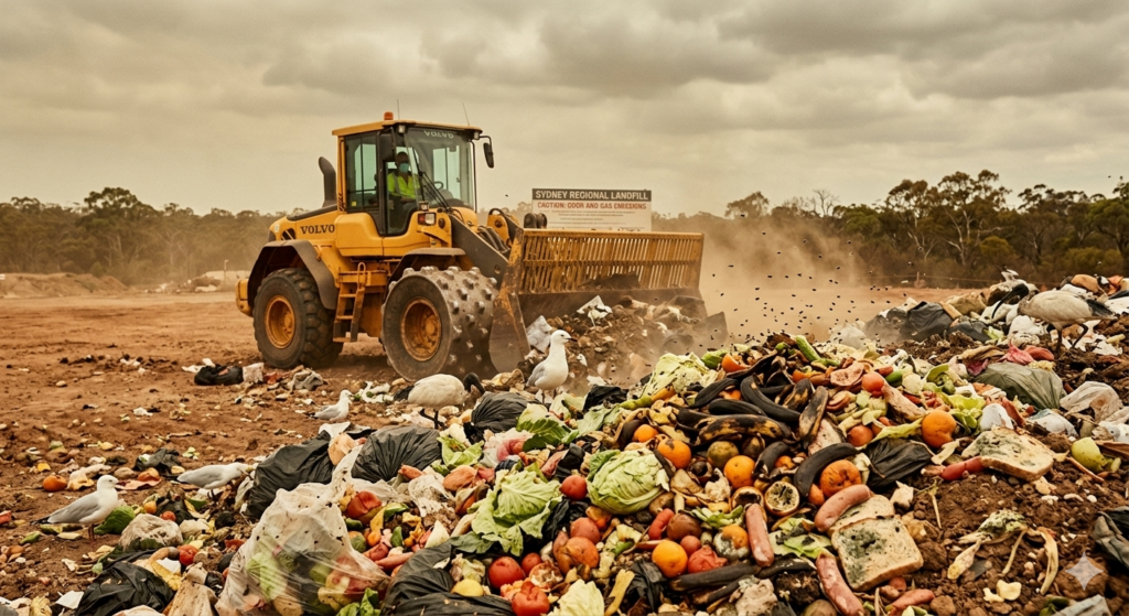 5 food facts - landfill of food waste with large truck moving it around