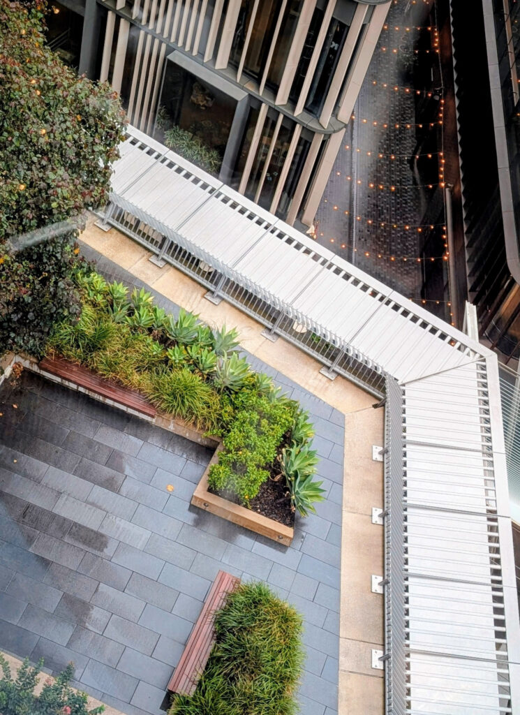 Sustainable Building Solutions Image of an extensive green roof installation Barangaroo Sydney from an arial view.