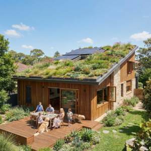 New home builders - Green Roofs are becoming a necessity. Image of a newly built house with a green roof, with a family sitting out on the deck in their lush green backyard.