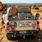 SEO vs GEO Australia. Image of the back view of a Ute on a construction site in the background. Ute has a tool box and a lot of random tools in the back tray.