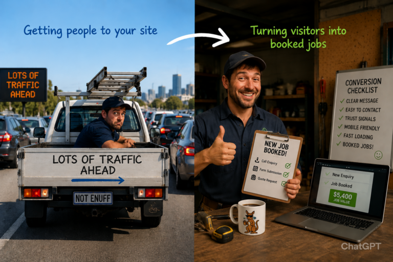 2026 Marketing Playbook. Image two images side by side with the left a tradie in the back of a ute sitting in road traffic. The right a tradie smiling with a thumbs up with a booked job on a laptop sitting on a work bench in front of the man.